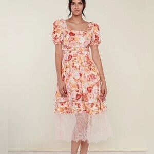 Puff Sleeve Floral Lace Trim Midi Dress